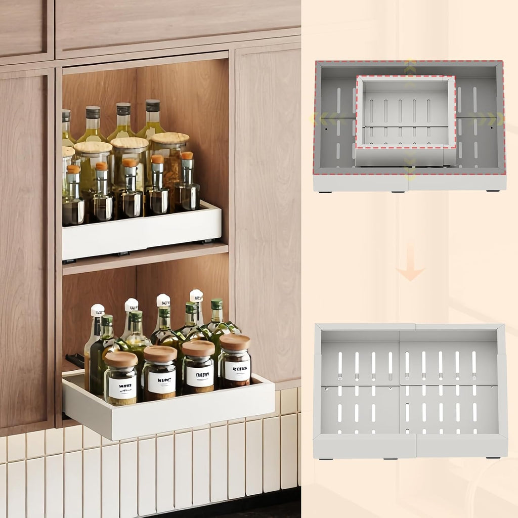 2-Pack Expandable Pull-Out Cabinet Organizer with 3-Rail Sliding Shelf for Kitchen Cabinets & Pantry Storage | DISHLINES