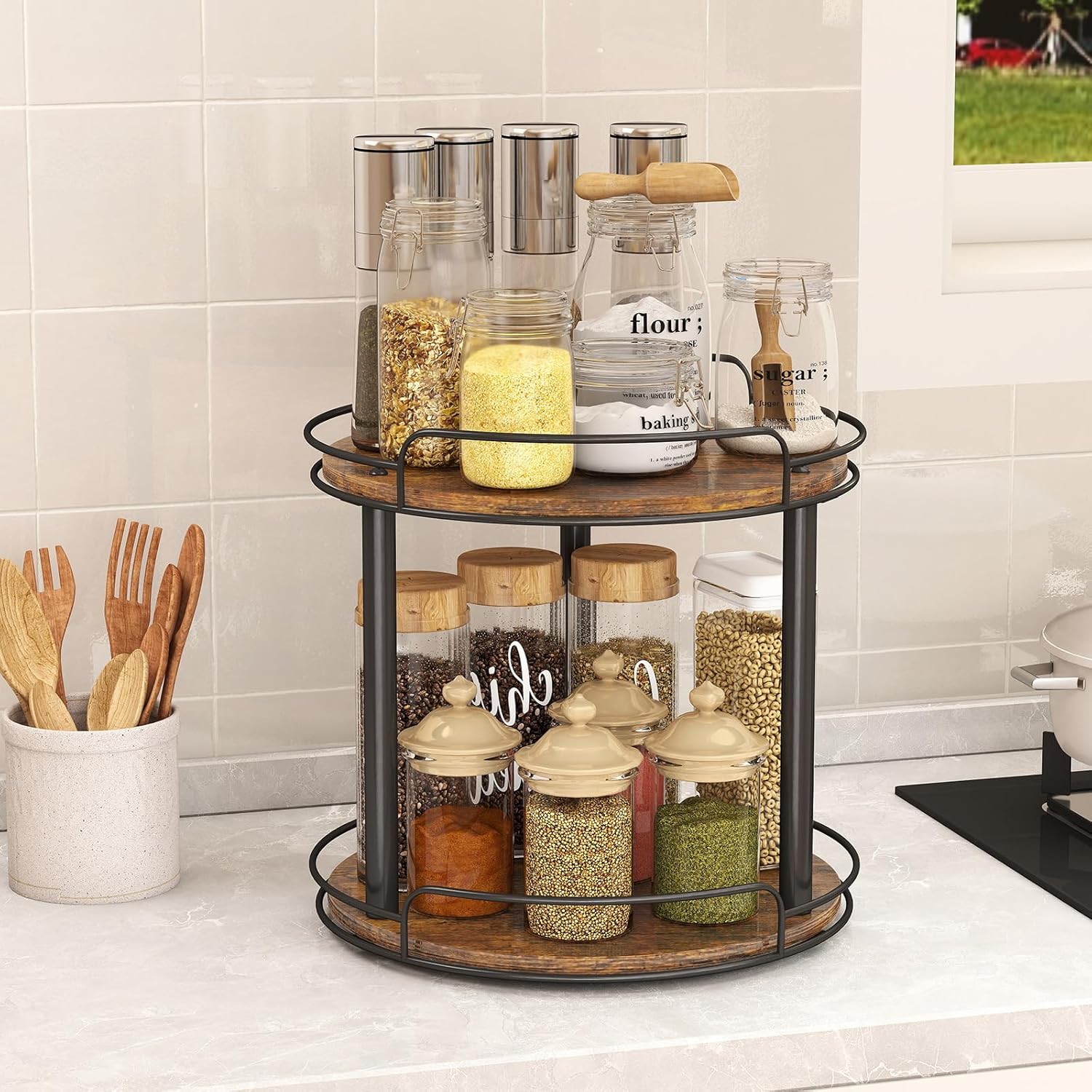 2-Tier Lazy Susan Spice Rack Organizer for Kitchen Countertop, Pantry & Cabinet Storage | DISHLINES