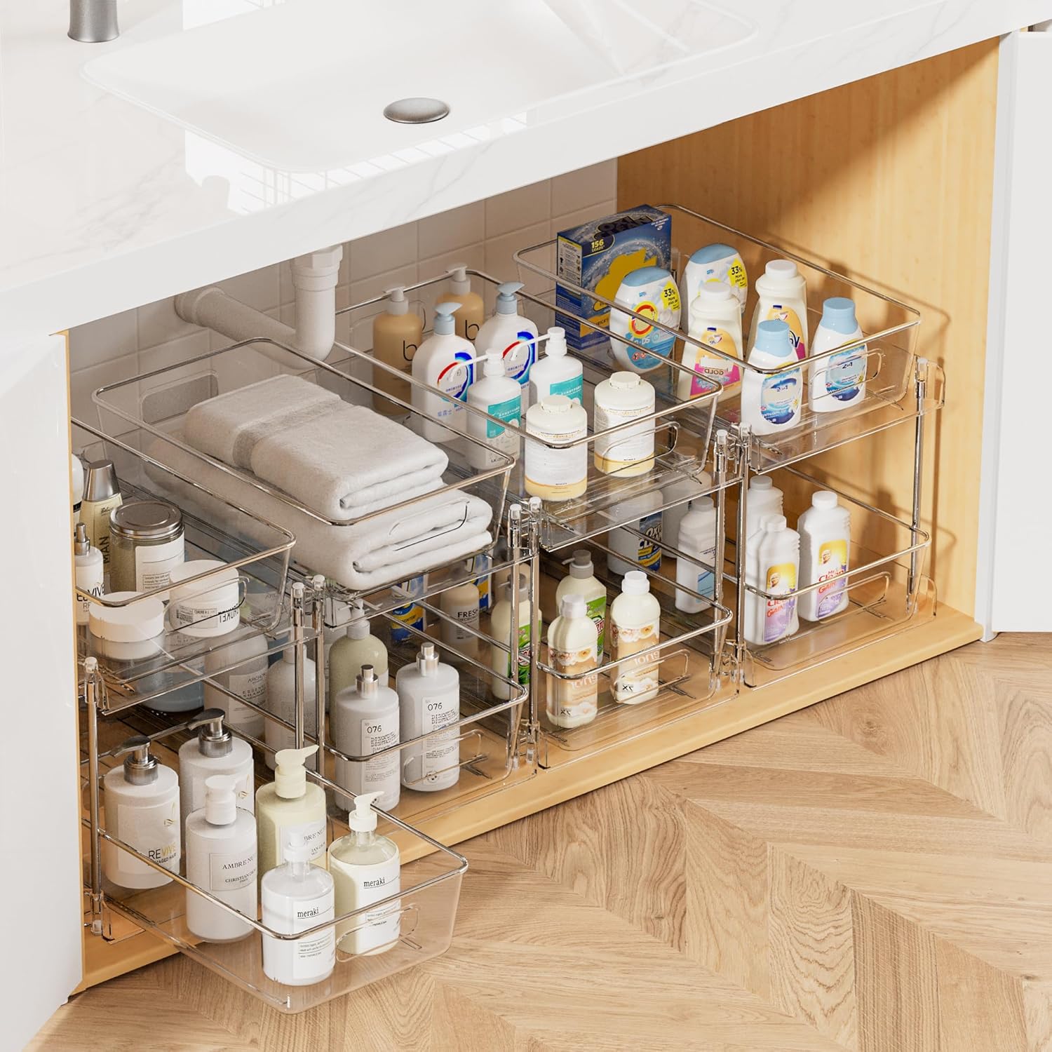 4-Pack 2-Tier Clear Under Sink Organizer with Sliding Drawers for Bathroom, Kitchen & Vanity Storage | DISHLINES