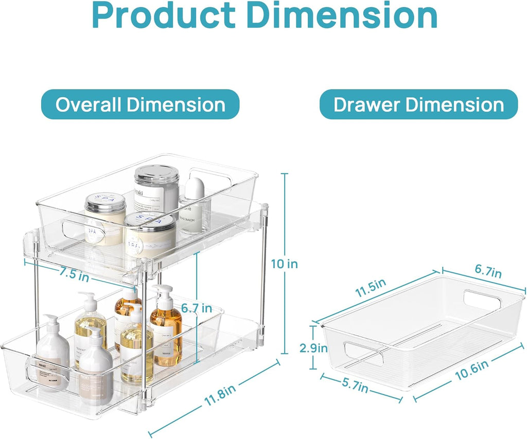4-Pack 2-Tier Clear Under Sink Organizer with Sliding Drawers for Bathroom, Kitchen & Vanity Storage | DISHLINES