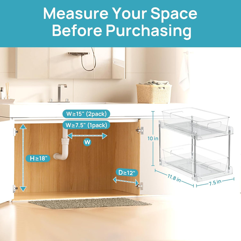 4-Pack 2-Tier Clear Under Sink Organizer with Sliding Drawers for Bathroom, Kitchen & Vanity Storage | DISHLINES