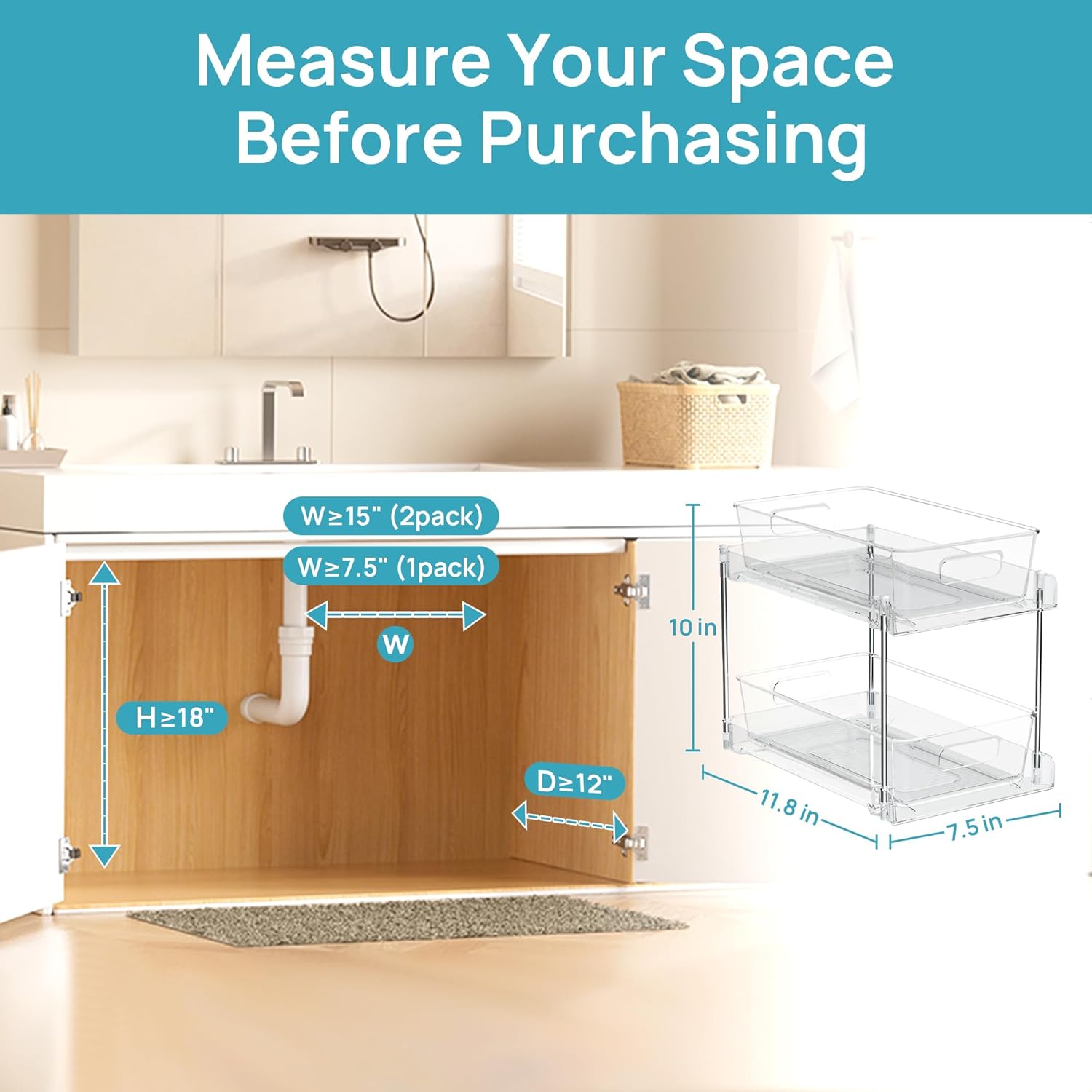 4-Pack 2-Tier Clear Under Sink Organizer with Sliding Drawers for Bathroom, Kitchen & Vanity Storage | DISHLINES