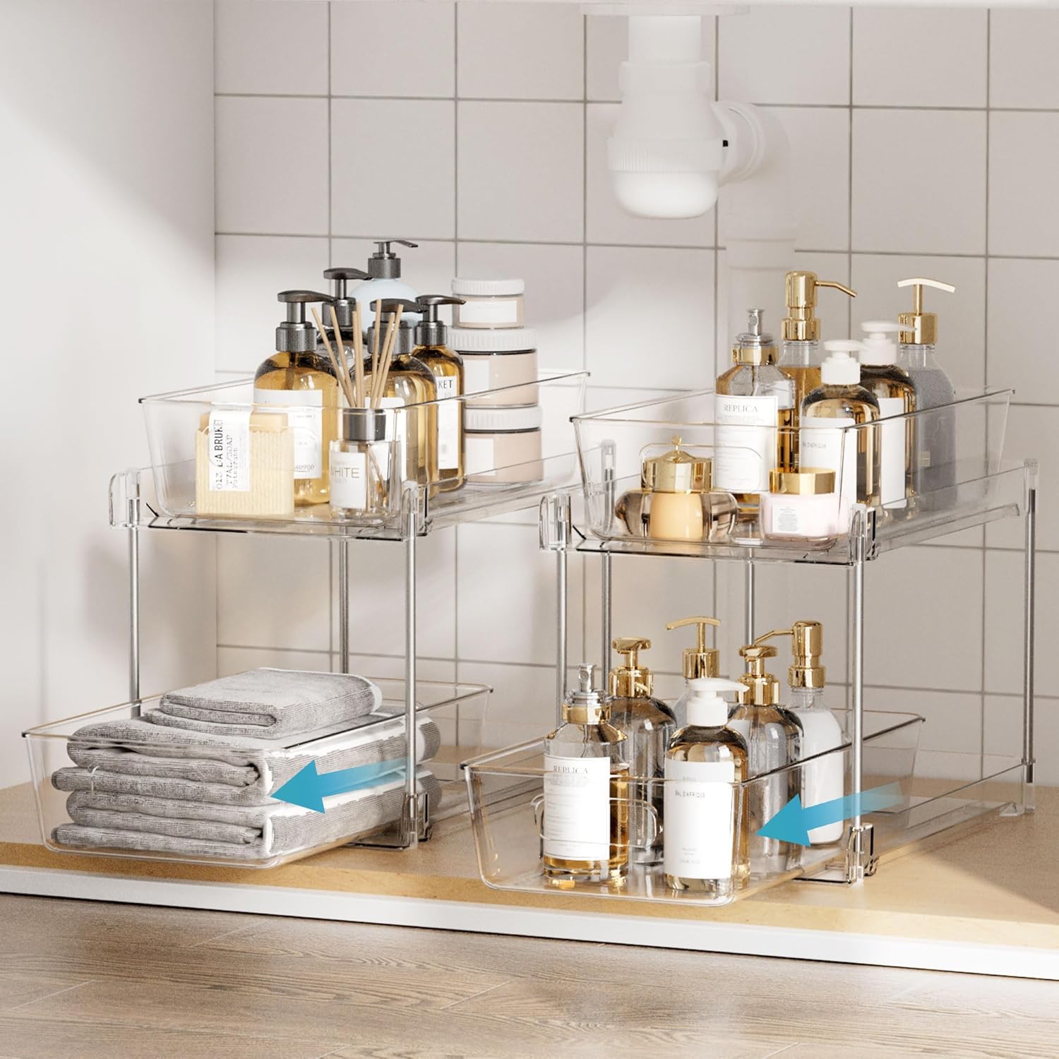 4-Pack 2-Tier Clear Under Sink Organizer with Sliding Drawers for Bathroom, Kitchen & Vanity Storage | DISHLINES