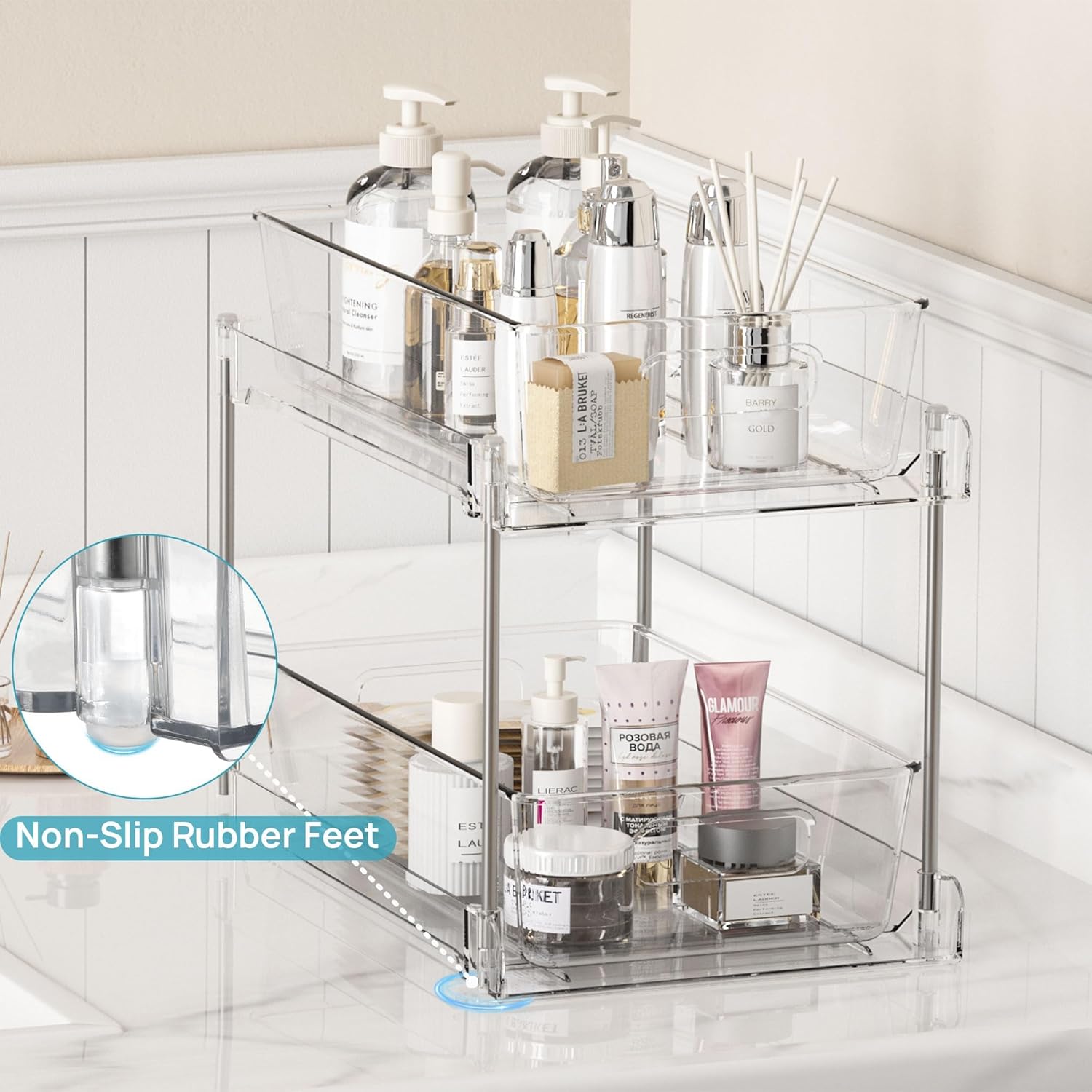 4-Pack 2-Tier Clear Under Sink Organizer with Sliding Drawers for Bathroom, Kitchen & Vanity Storage | DISHLINES