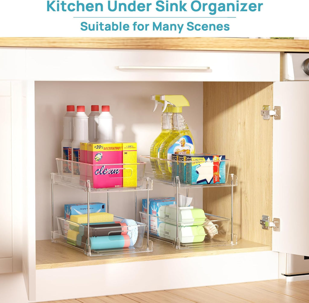 4-Pack 2-Tier Clear Under Sink Organizer with Sliding Drawers for Bathroom, Kitchen & Vanity Storage | DISHLINES