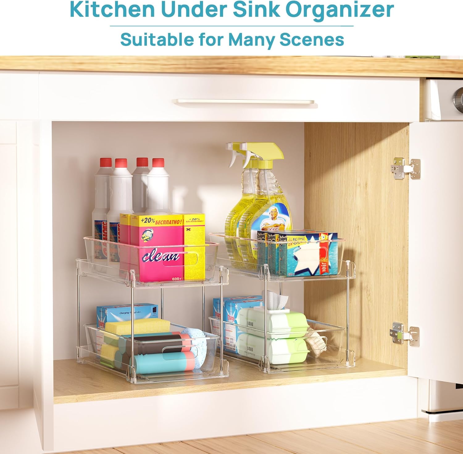 4-Pack 2-Tier Clear Under Sink Organizer with Sliding Drawers for Bathroom, Kitchen & Vanity Storage | DISHLINES