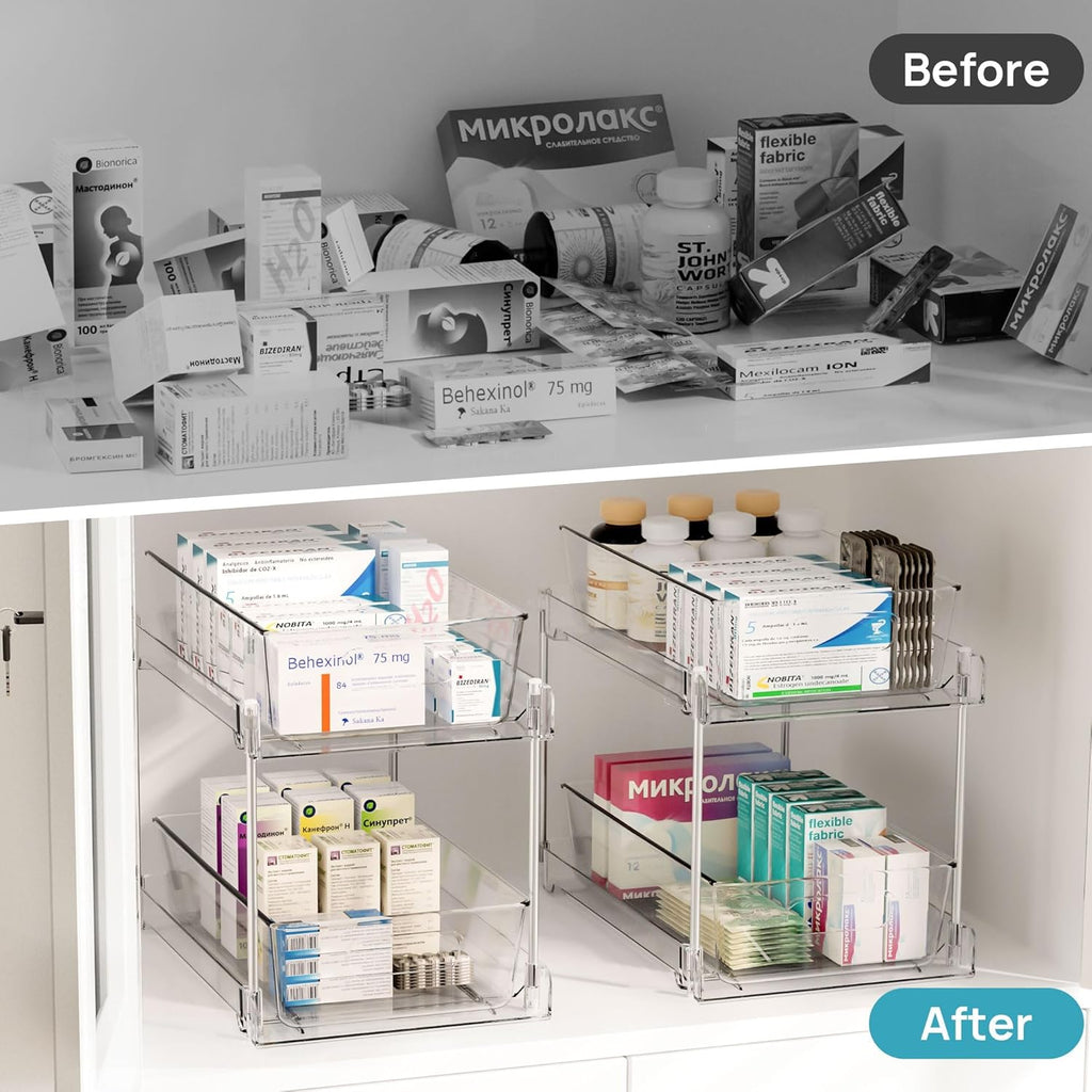 4-Pack 2-Tier Clear Under Sink Organizer with Sliding Drawers for Bathroom, Kitchen & Vanity Storage | DISHLINES
