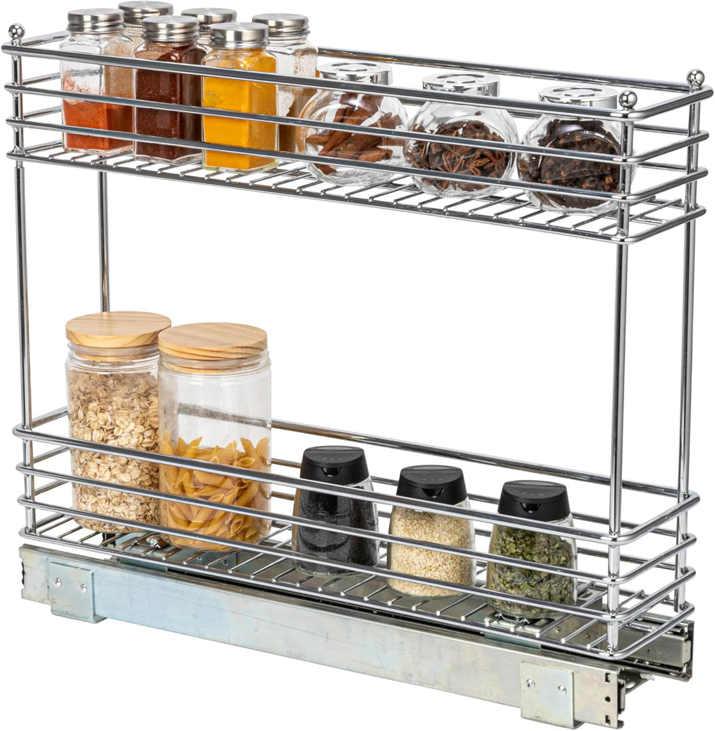 2-Tier Pull-Out Cabinet Organizer Rack Chrome Sliding Storage Shelf for Kitchen Cabinets & Pantry | DISHLINES