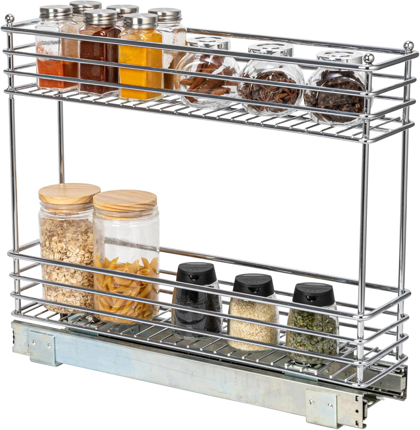 2-Tier Pull-Out Cabinet Organizer Rack Chrome Sliding Storage Shelf for Kitchen Cabinets & Pantry | DISHLINES