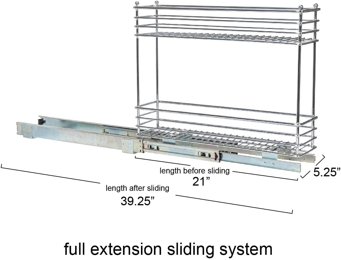 2-Tier Pull-Out Cabinet Organizer Rack Chrome Sliding Storage Shelf for Kitchen Cabinets & Pantry | DISHLINES