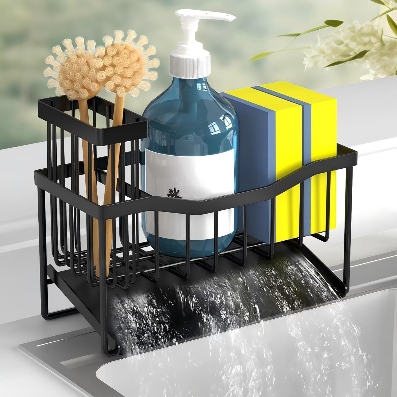 Kitchen Sink Caddy Organizer with Sponge Holder, Brush Storage & Self-Draining Tray | DISHLINES