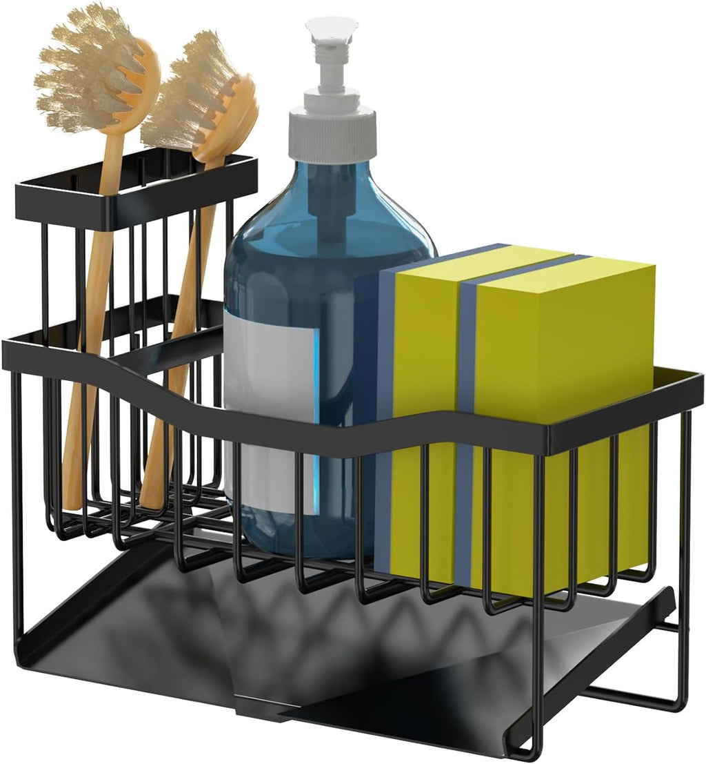 Kitchen Sink Caddy Organizer with Sponge Holder, Brush Storage & Self-Draining Tray | DISHLINES