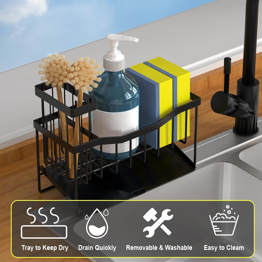 Kitchen Sink Caddy Organizer with Sponge Holder, Brush Storage & Self-Draining Tray | DISHLINES