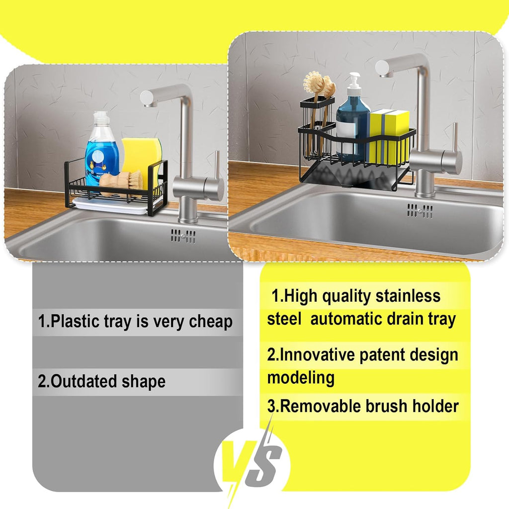 Kitchen Sink Caddy Organizer with Sponge Holder, Brush Storage & Self-Draining Tray | DISHLINES
