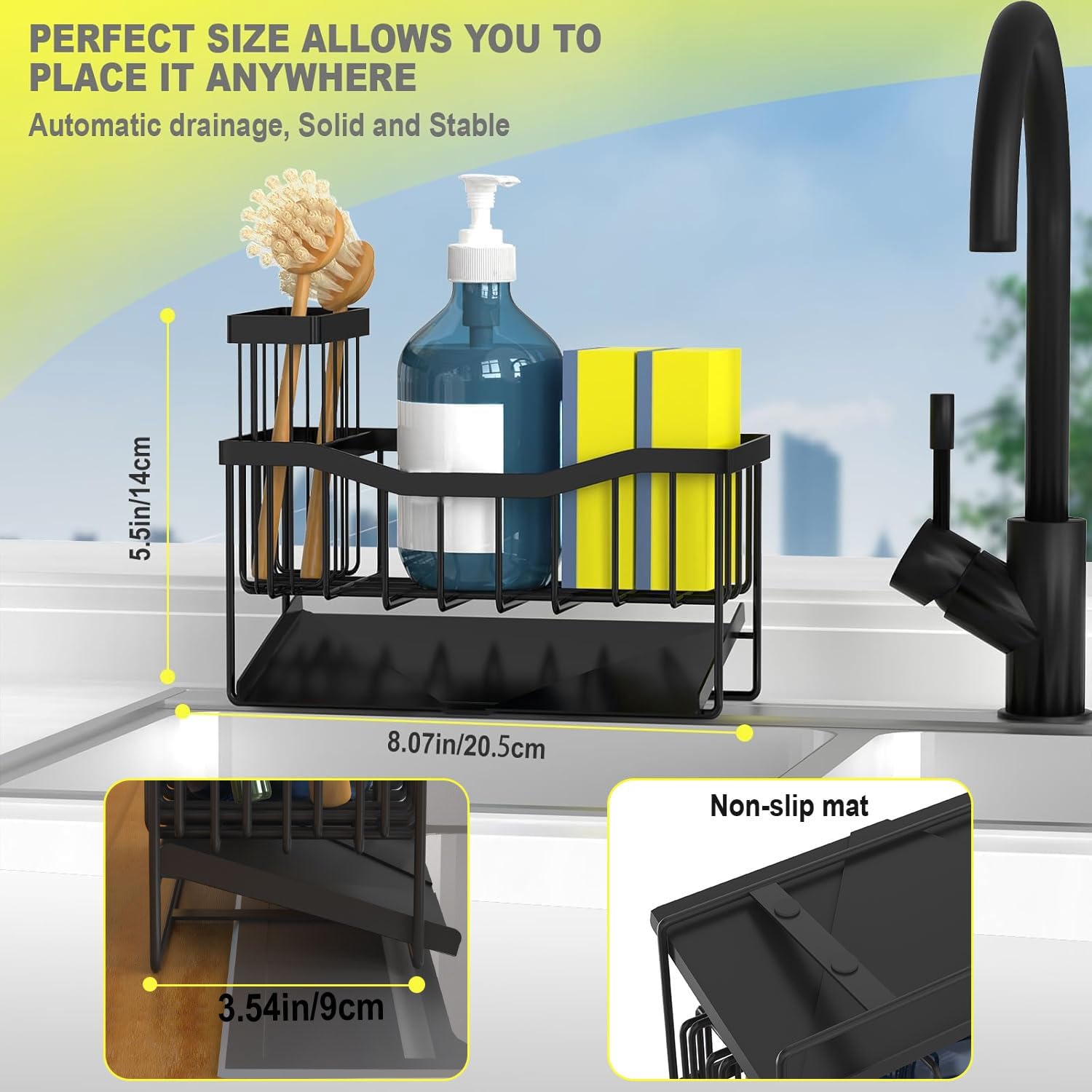 Kitchen Sink Caddy Organizer with Sponge Holder, Brush Storage & Self-Draining Tray | DISHLINES