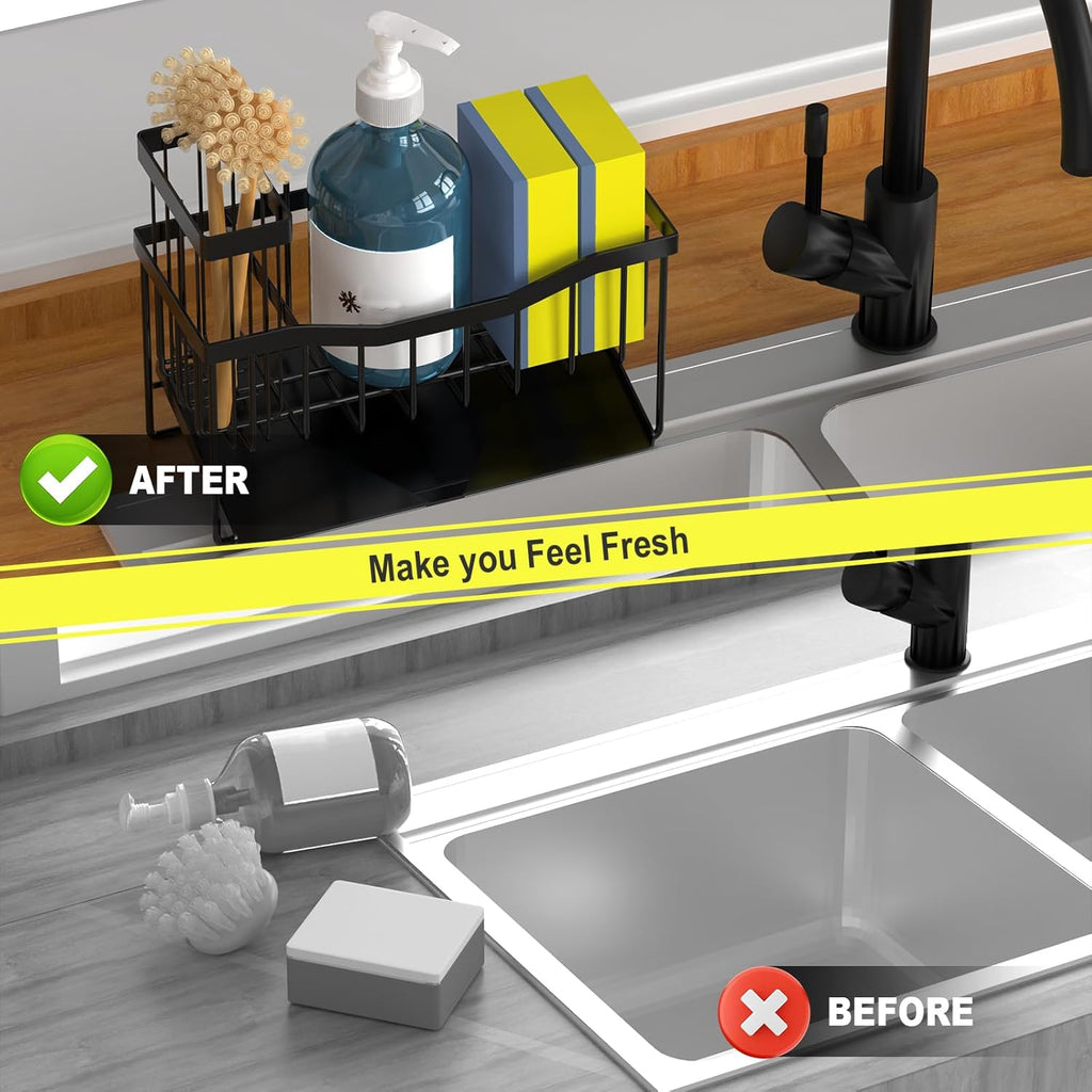 Kitchen Sink Caddy Organizer with Sponge Holder, Brush Storage & Self-Draining Tray | DISHLINES